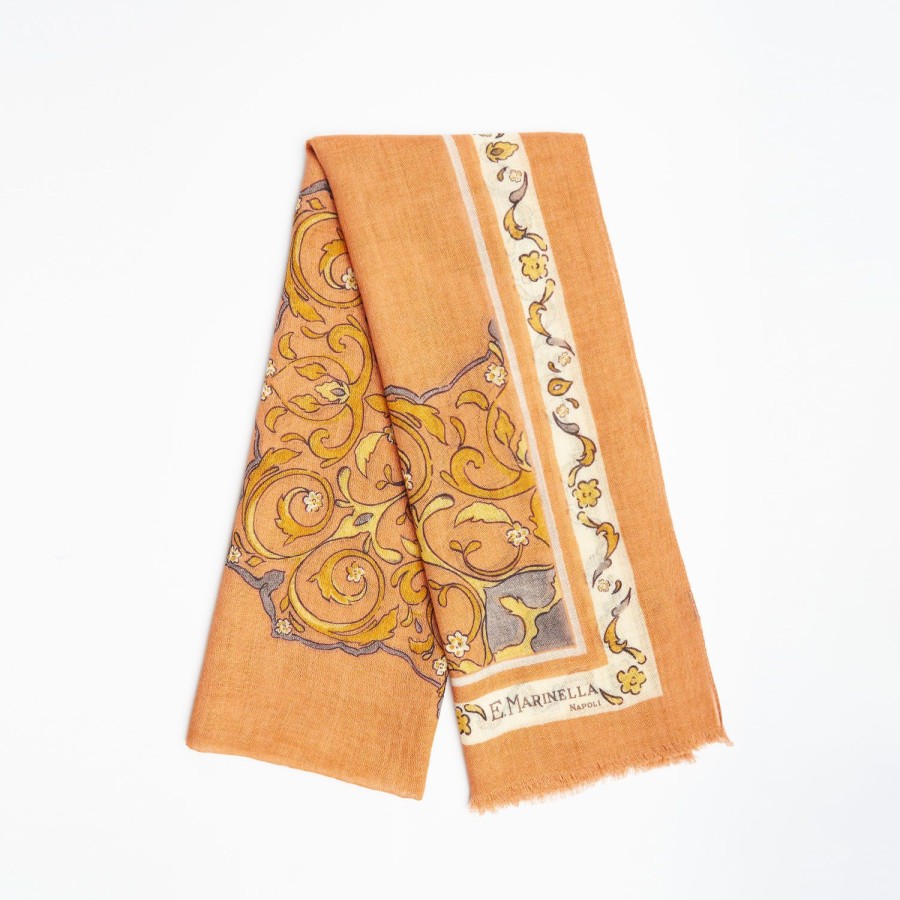 Hot E.Marinella Orange Wool Stole With Medallion Pattern