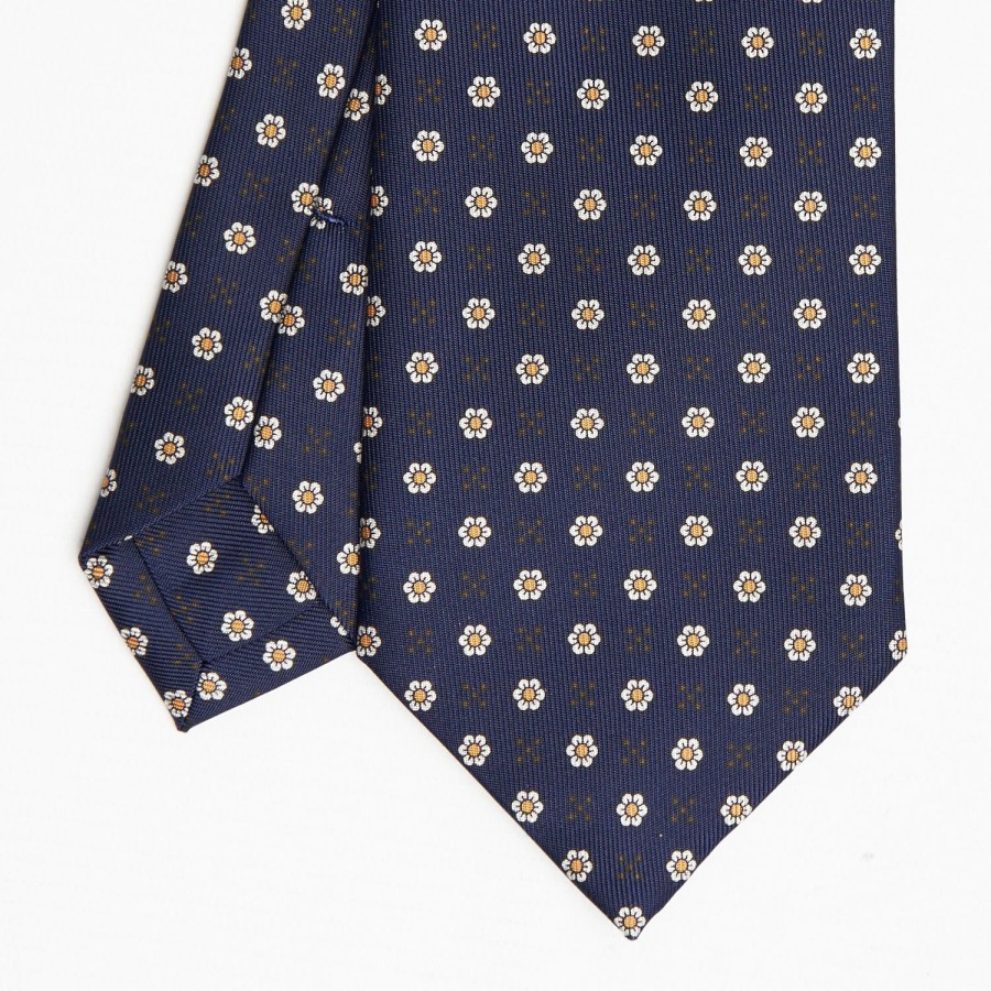 Wholesale E.Marinella Dark Blue Sartorial Classic Silk Tie - Small Flower Pattern