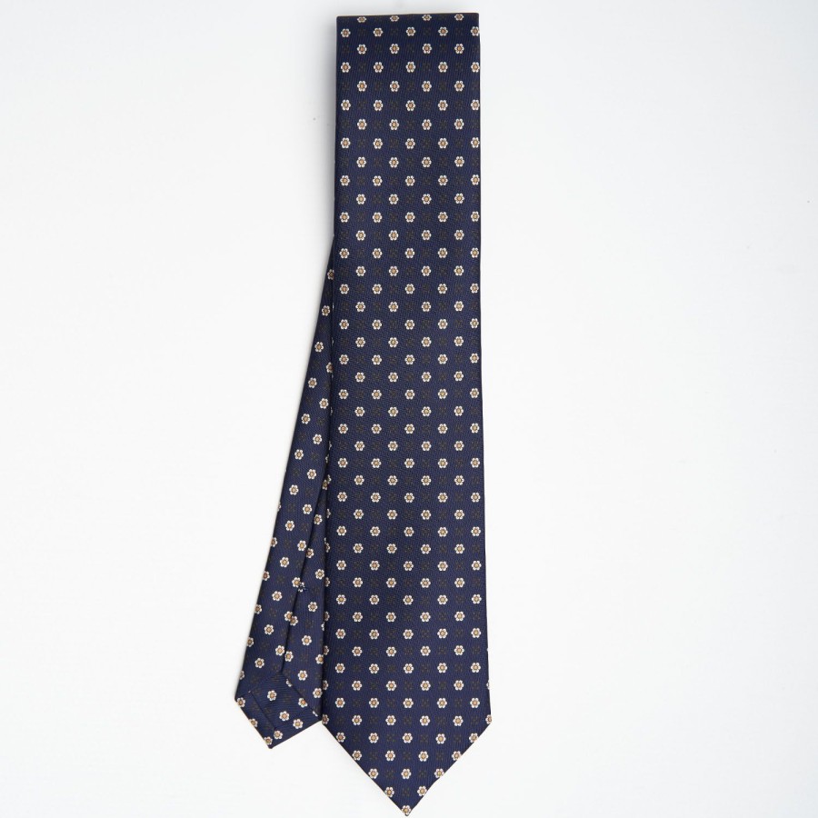 Wholesale E.Marinella Dark Blue Sartorial Classic Silk Tie - Small Flower Pattern