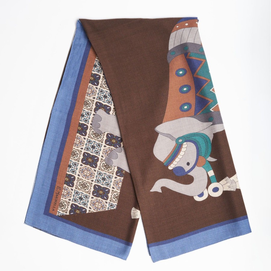 Online E.Marinella Bluette And Dark Brown Wide Wool Scarf - Ethnic Pattern