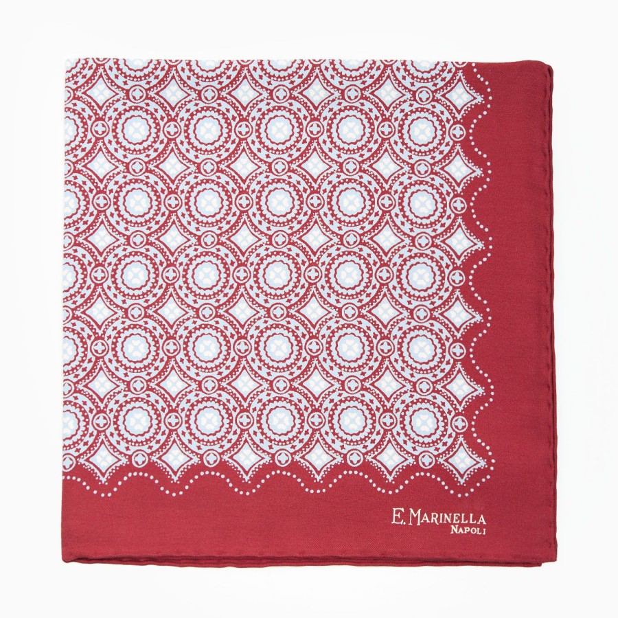 Best E.Marinella Burgundy Hand-Printed Silk Pocket Square Large Flower Pattern