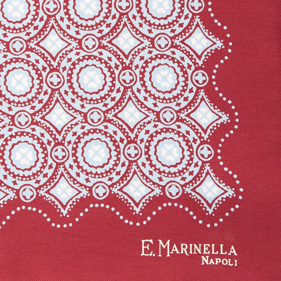 Best E.Marinella Burgundy Hand-Printed Silk Pocket Square Large Flower Pattern