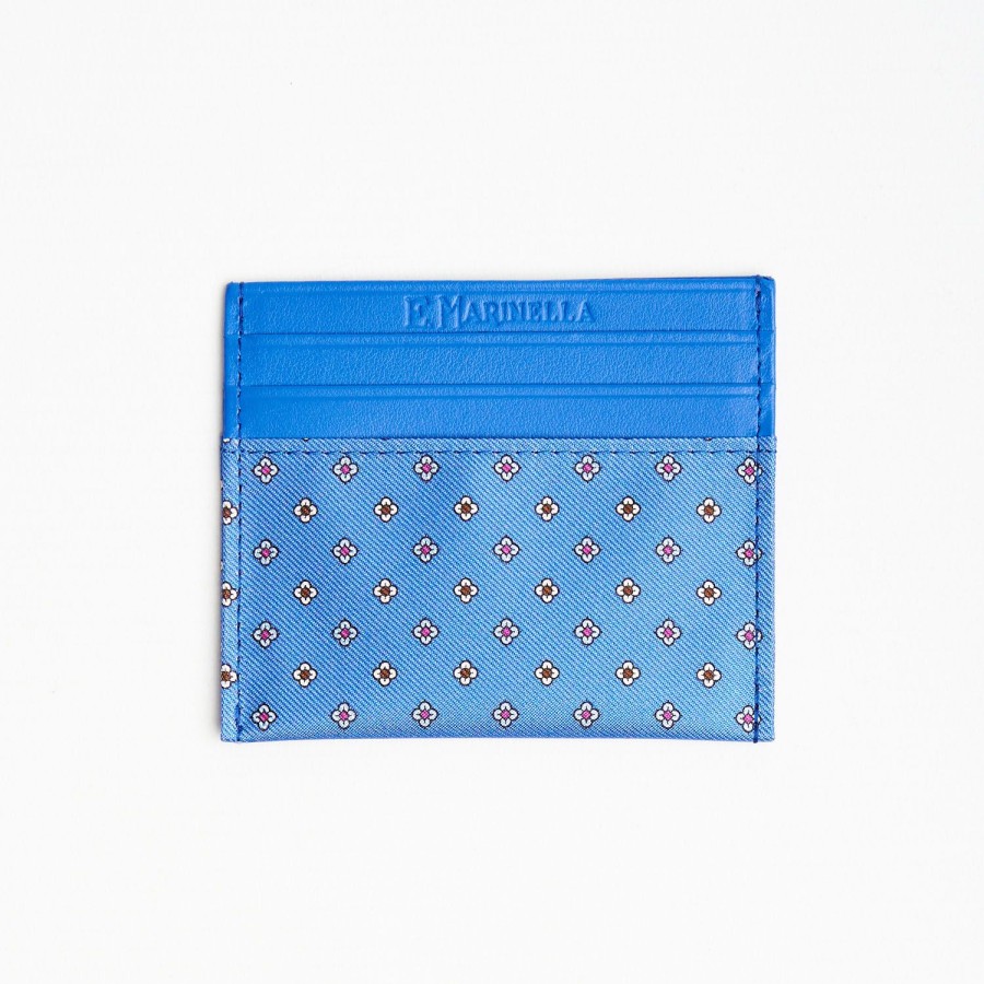 Clearance E.Marinella Powder Blue Leather And Silk Credit Card Holder - 5 Compartments