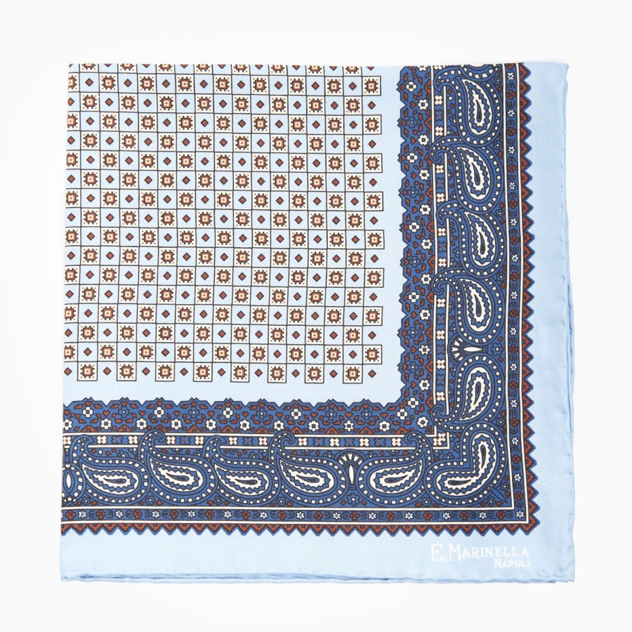 Online E.Marinella Light Blue Hand-Printed Silk Pocket Square Small Flower Pattern