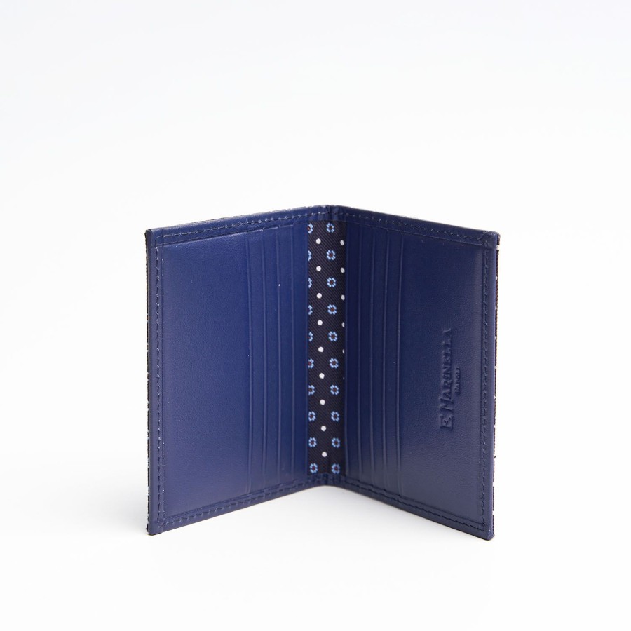 Clearance E.Marinella Dark Blue Silk And Leather Folding Card Holder - 10 Compartments