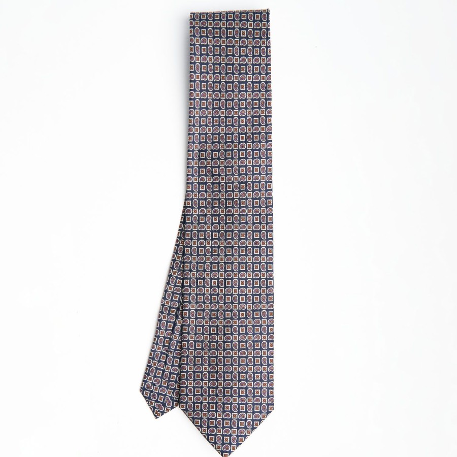 New E.Marinella Dark Blue Extra Long Sartorial Silk Tie - Paisley Pattern