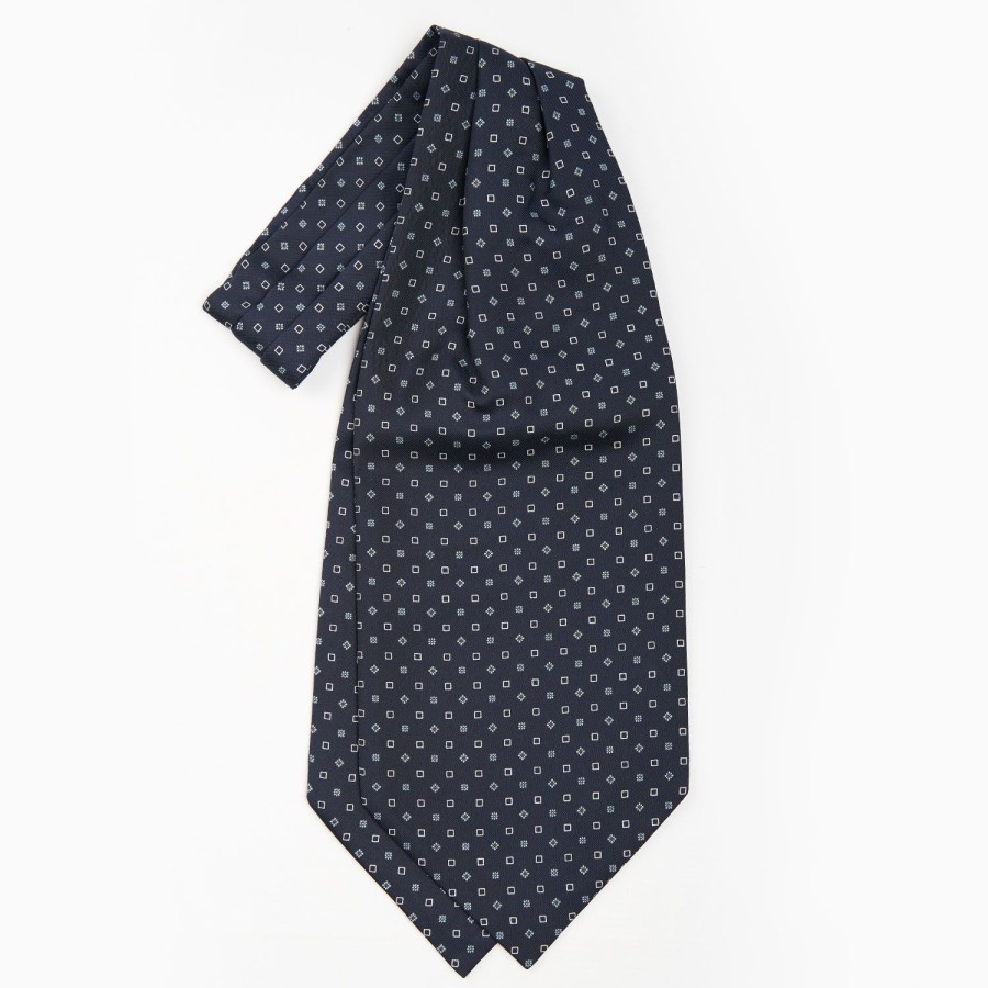 Clearance E.Marinella Dark Blue Silk Ascot Tie - Small Flower Designs