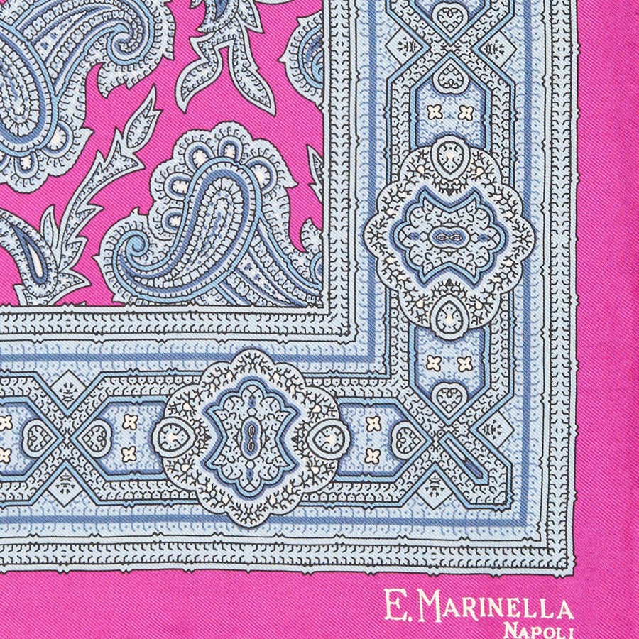 Clearance E.Marinella Fuchsia Hand-Printed Silk Pocket Square - Paisley Pattern