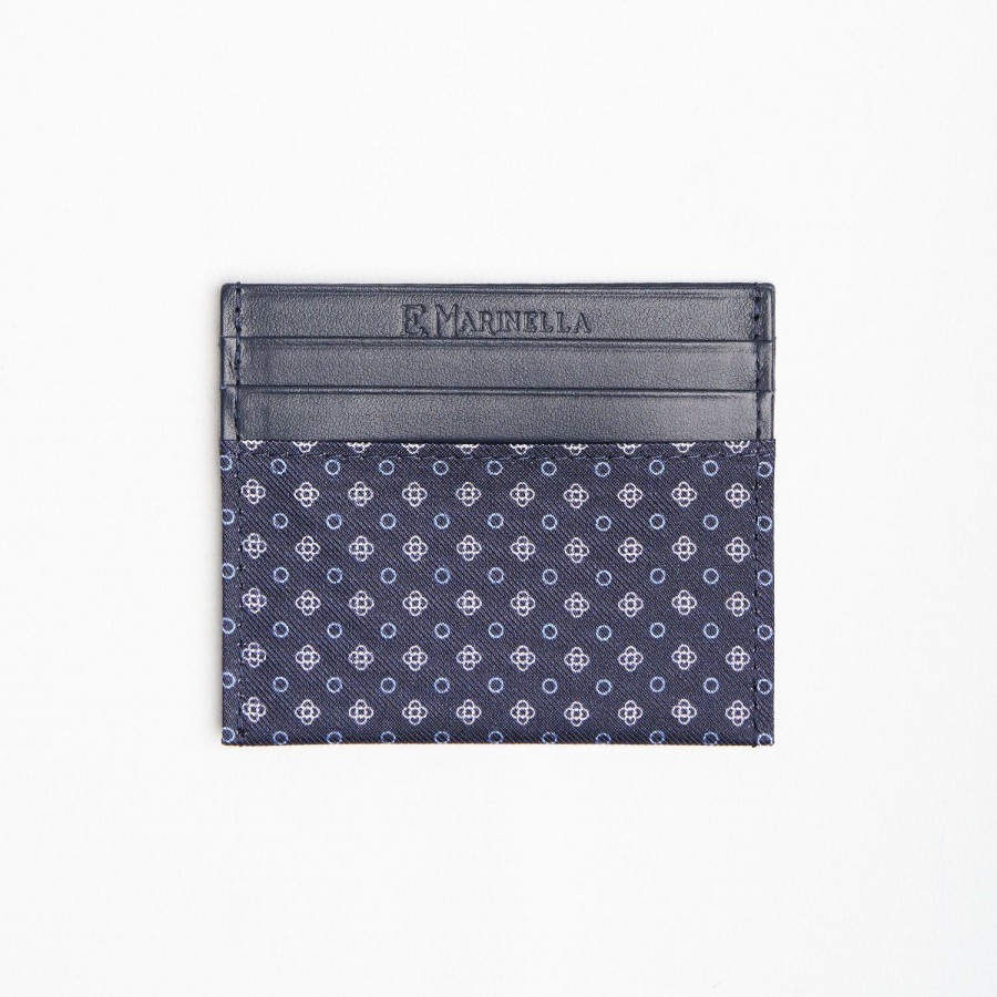 Hot E.Marinella Dark Blue Silk And Leather Credit Card Holder 5 Compartments