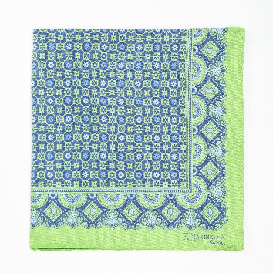 Clearance E.Marinella Green Hand-Printed Silk Pocket Square - Small Flower Pattern