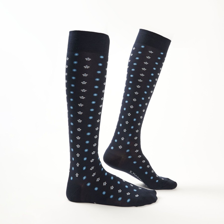 Best E.Marinella Long Blue Cotton Socks - Small Flower Pattern