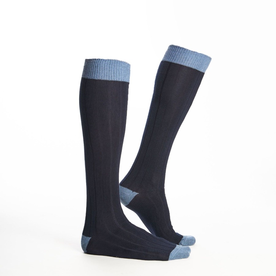 Online E.Marinella Long Light And Dark Blue Bicolor Cotton Socks - Solid Color