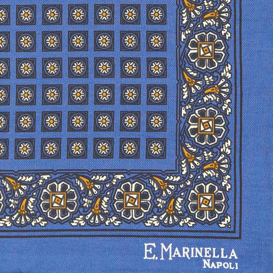 Wholesale E.Marinella Blue Hand-Printed Silk Pocket Square Large Flower Pattern