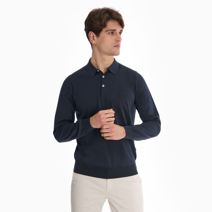 Hot E.Marinella Dark Blue Long Sleeve Knitted Polo