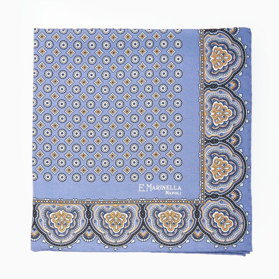 Clearance E.Marinella Mid Blue Hand-Printed Silk Pocket Square Small Flower Pattern