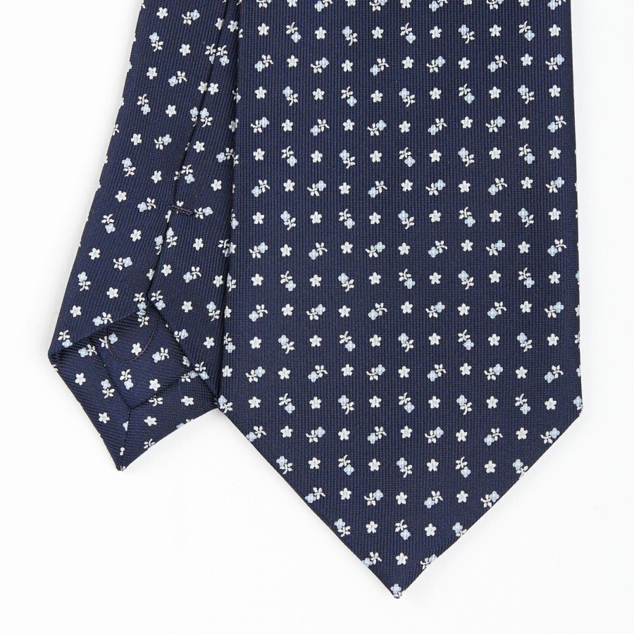 Online E.Marinella Dark Blue Extra Long Sartorial Silk Tie - Small Flower Pattern