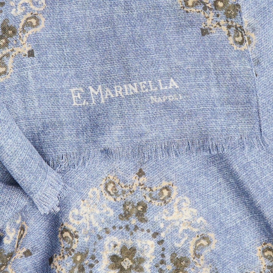 Best E.Marinella Light Blue Wool Stole With Floral Decorations