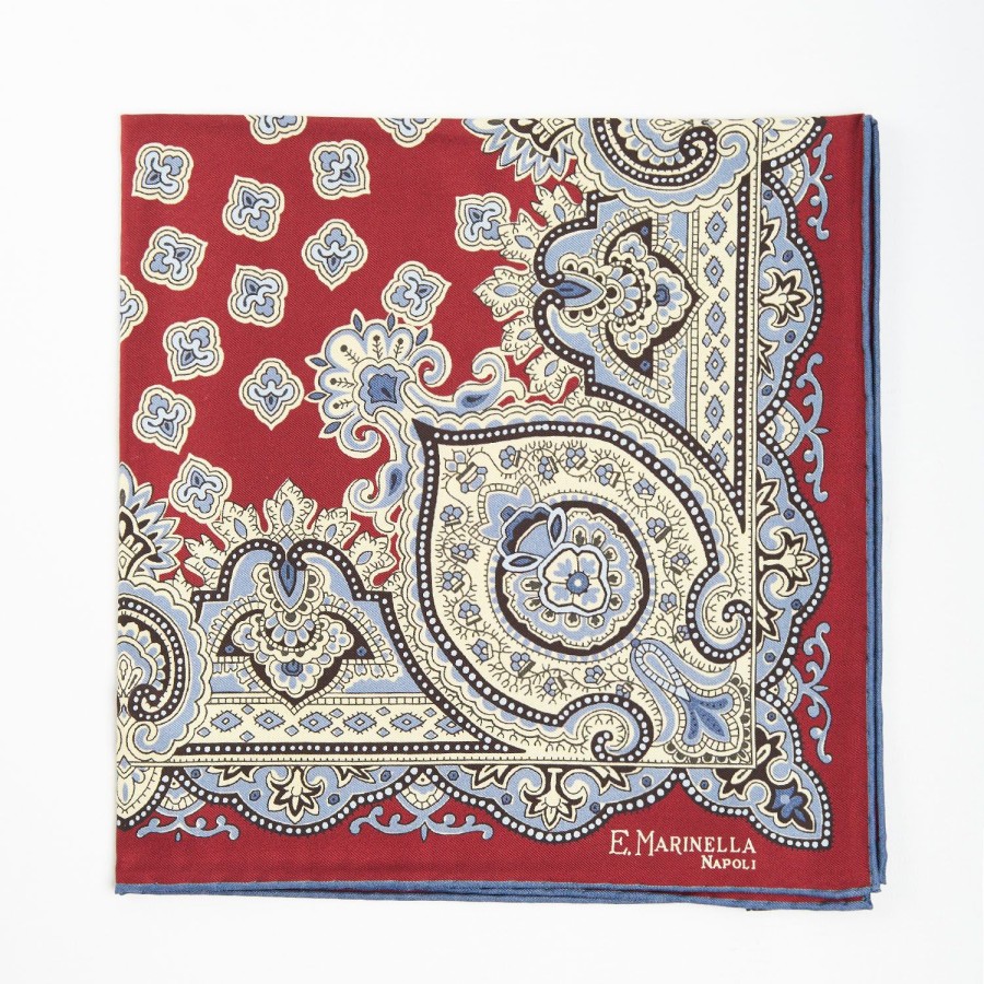 Clearance E.Marinella Burgundy Hand-Printed Silk Pocket Square - Large Flower Pattern