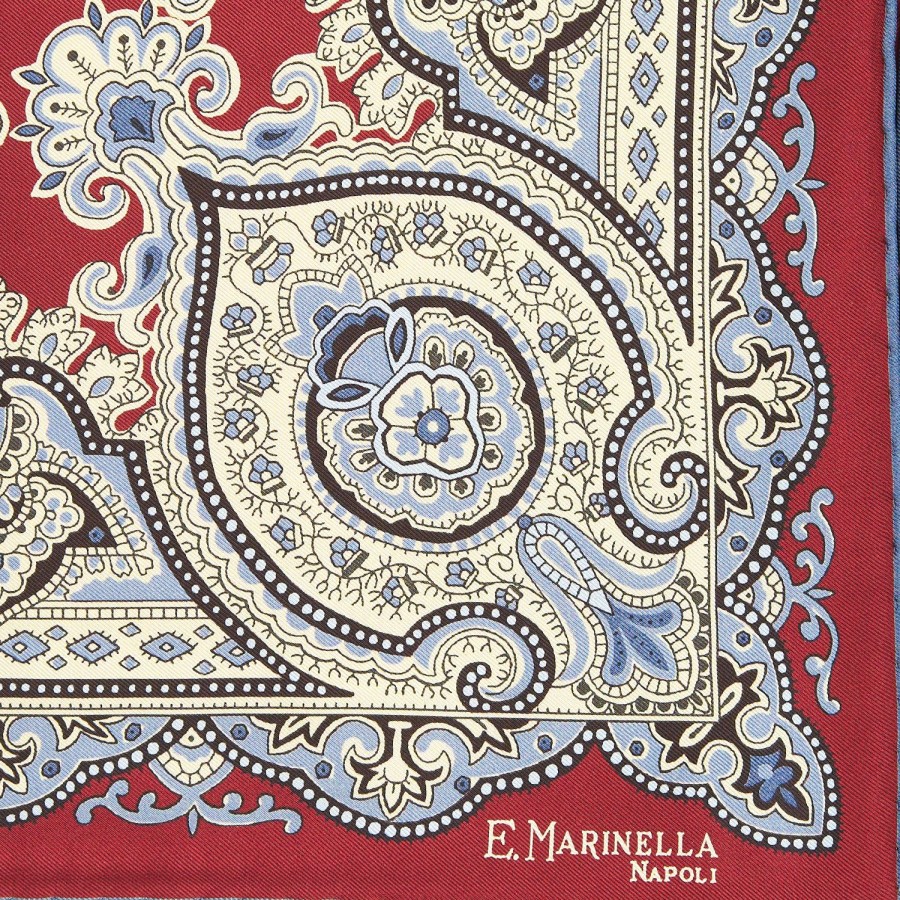 Clearance E.Marinella Burgundy Hand-Printed Silk Pocket Square - Large Flower Pattern