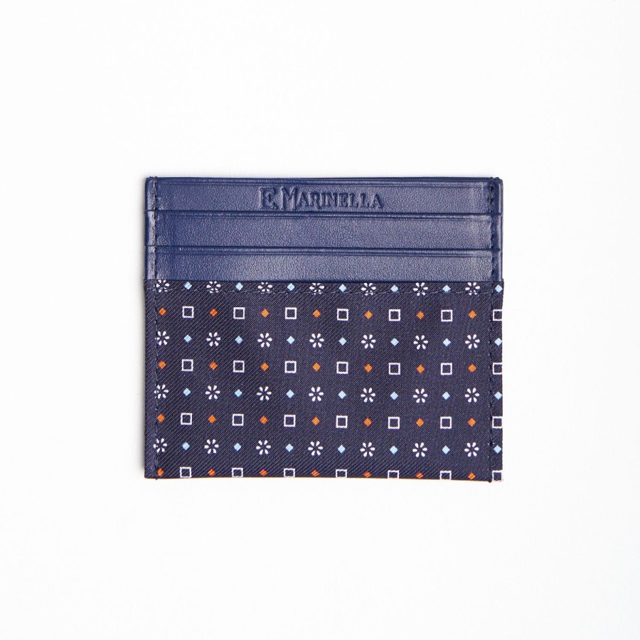 Clearance E.Marinella Dark Blue Silk And Leather Credit Card Holder 5 Compartments