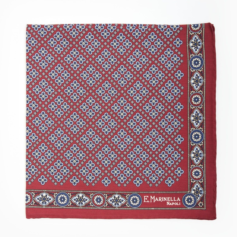 Clearance E.Marinella Burgundy Hand-Printed Silk Pocket Square Large Flower Pattern