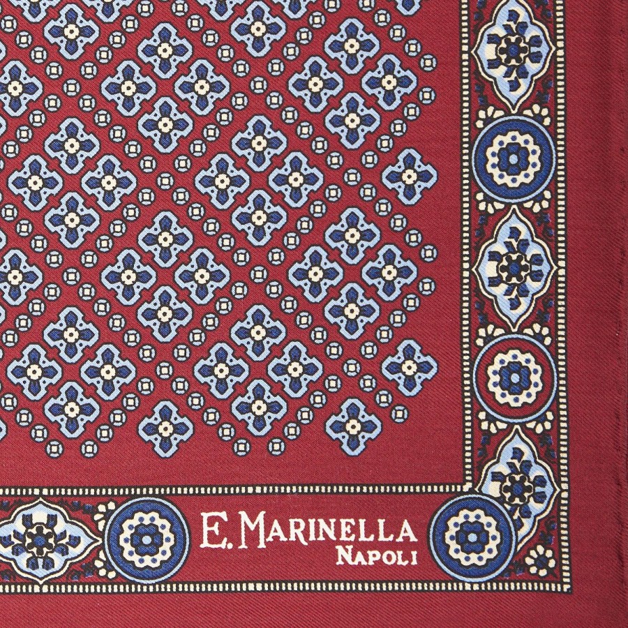 Clearance E.Marinella Burgundy Hand-Printed Silk Pocket Square Large Flower Pattern