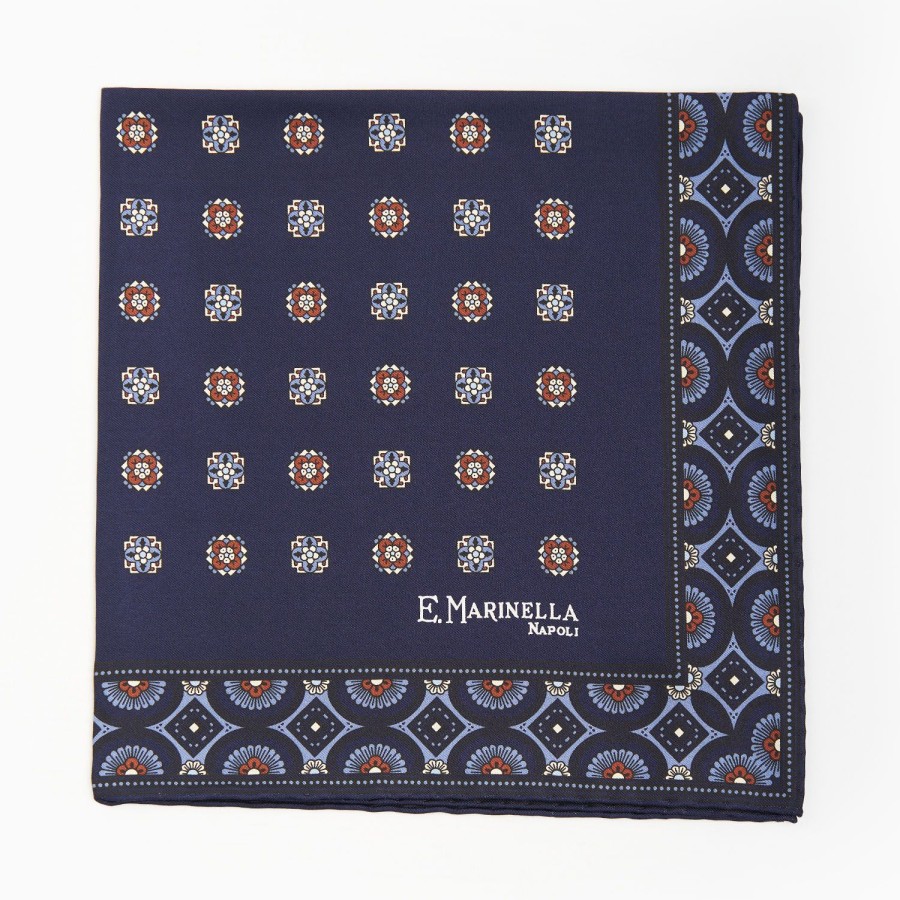 Online E.Marinella Dark Blue Hand-Printed Silk Pocket Square Large Flower Pattern