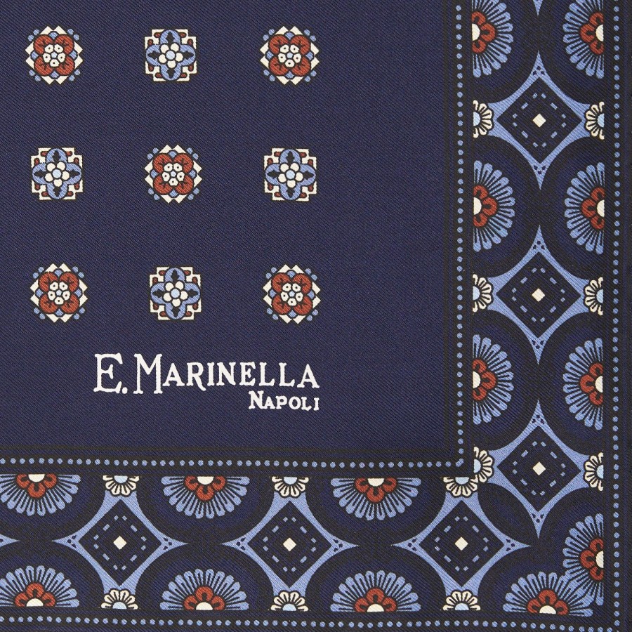 Online E.Marinella Dark Blue Hand-Printed Silk Pocket Square Large Flower Pattern