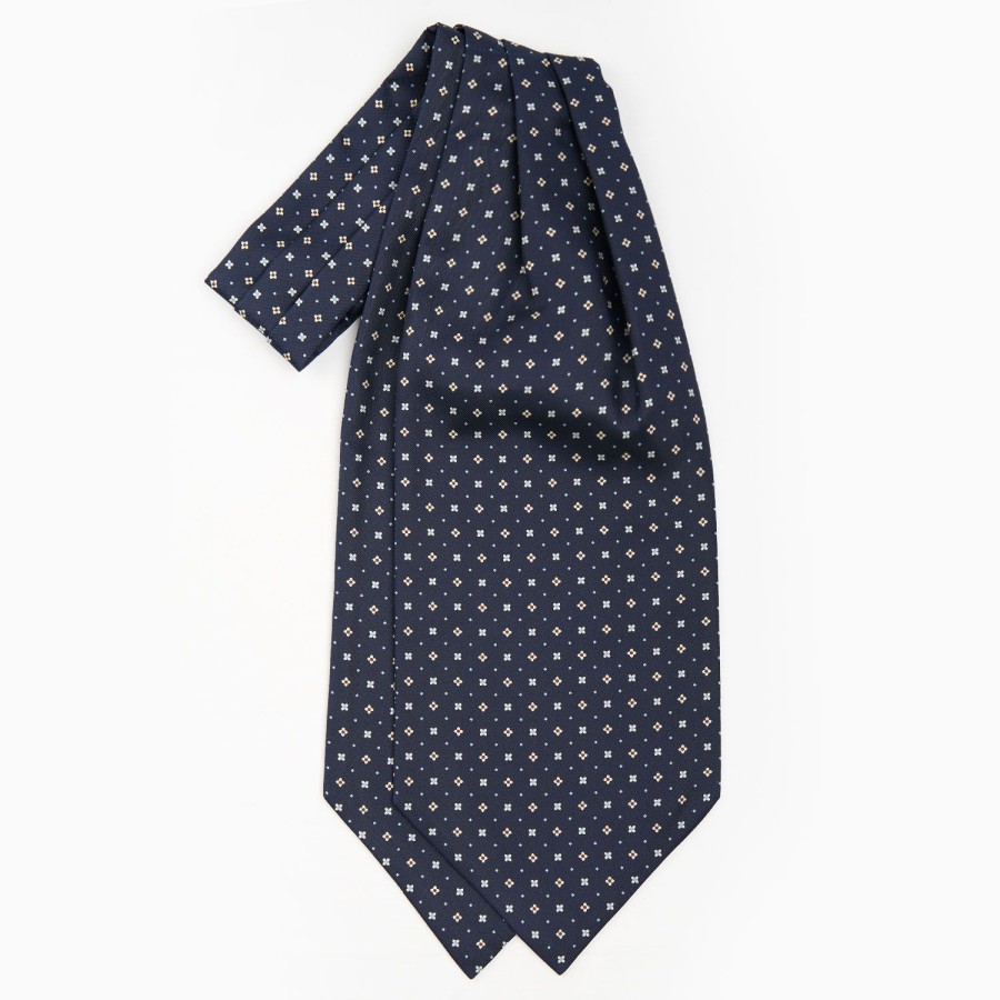 Clearance E.Marinella Dark Blue Silk Ascot Tie - Small Flower Designs