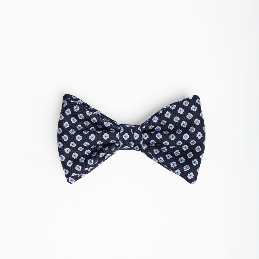 New E.Marinella Dark Blue Pre-Knotted Silk Bowtie- Small Flower Pattern