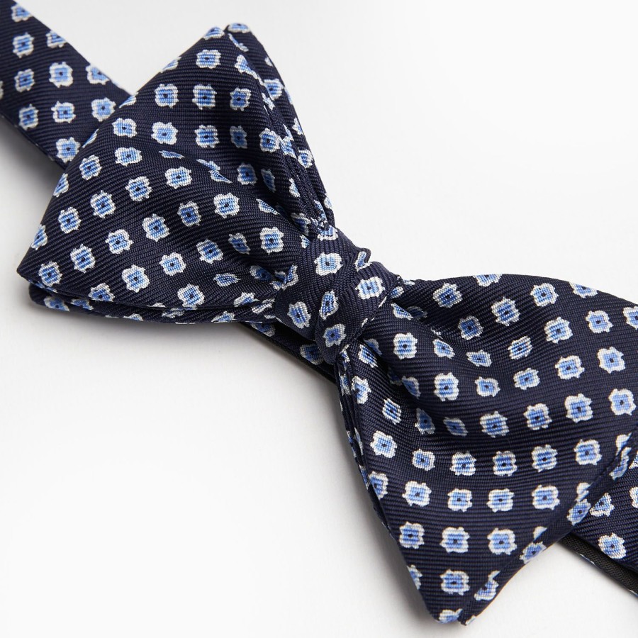 New E.Marinella Dark Blue Pre-Knotted Silk Bowtie- Small Flower Pattern