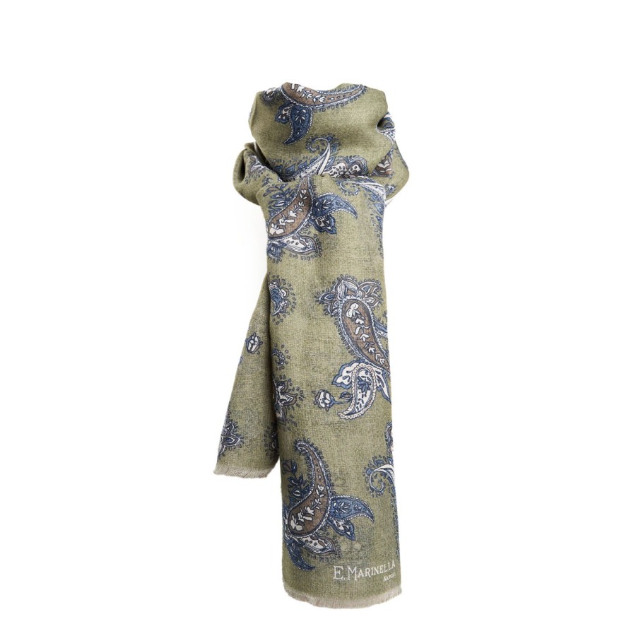 Wholesale E.Marinella Green Cotton And Linen Scarf - Paisley Pattern