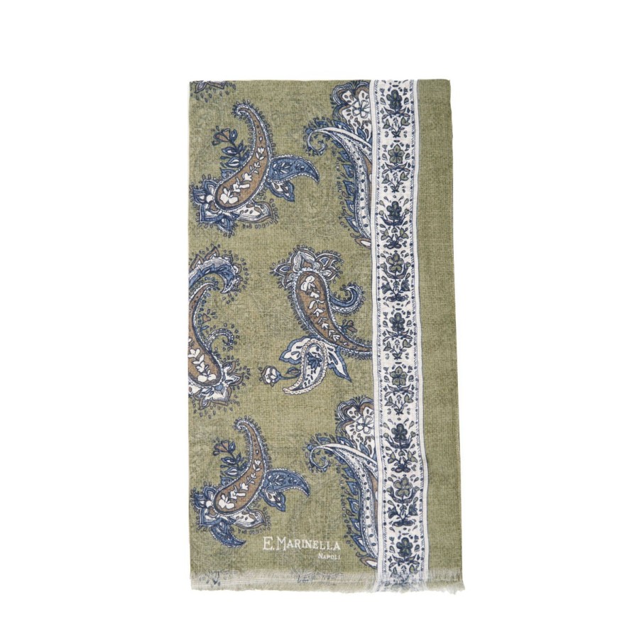 Wholesale E.Marinella Green Cotton And Linen Scarf - Paisley Pattern