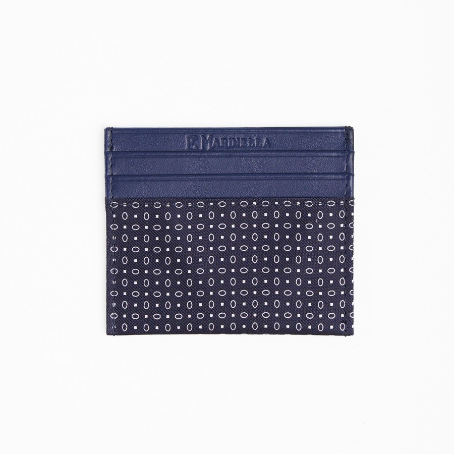 New E.Marinella Dark Blue Leather And Silk Credit Card Holder - 5 Compartments