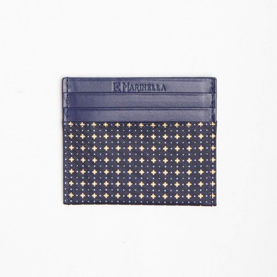 Hot E.Marinella Dark Blue Silk And Leather Credit Card Holder 5 Compartments