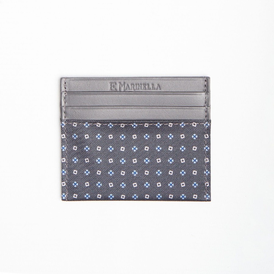 New E.Marinella Dark Grey Leather And Silk Credit Card Holder - 5 Compartments