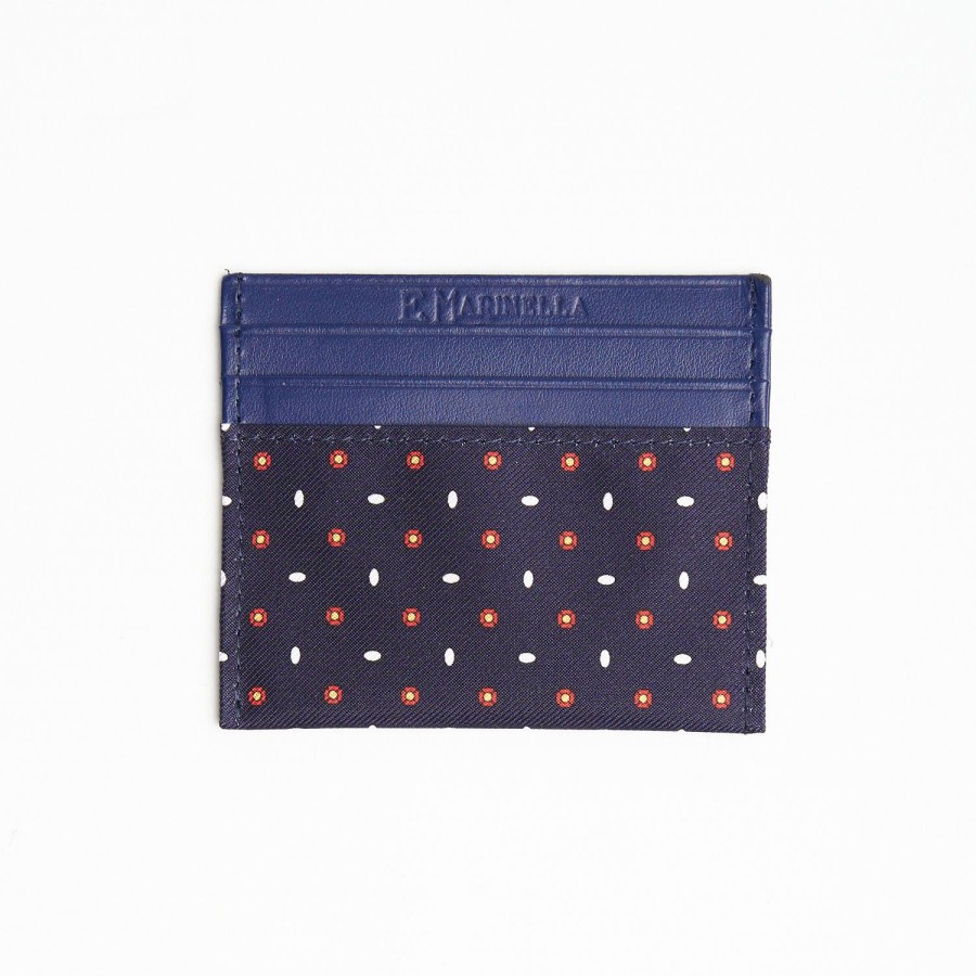 New E.Marinella Dark Blue Leather And Silk Credit Card Holder 5 Compartments