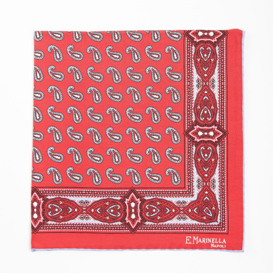 Wholesale E.Marinella Red Hand-Printed Silk Pocket Square - Paisley Pattern