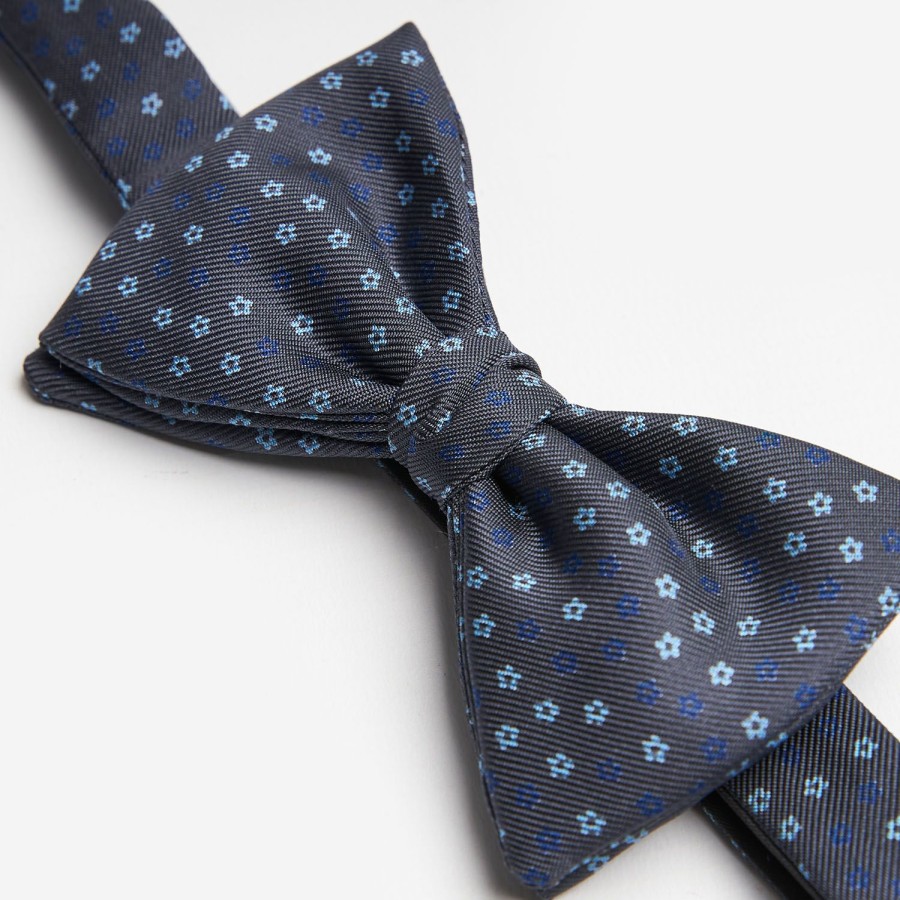 New E.Marinella Dark Grey Pre-Knotted Silk Bowtie- Small Flower Pattern