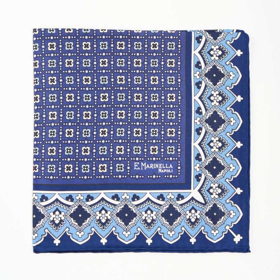 Wholesale E.Marinella Blue Hand-Printed Silk Pocket Square Large Flower Pattern