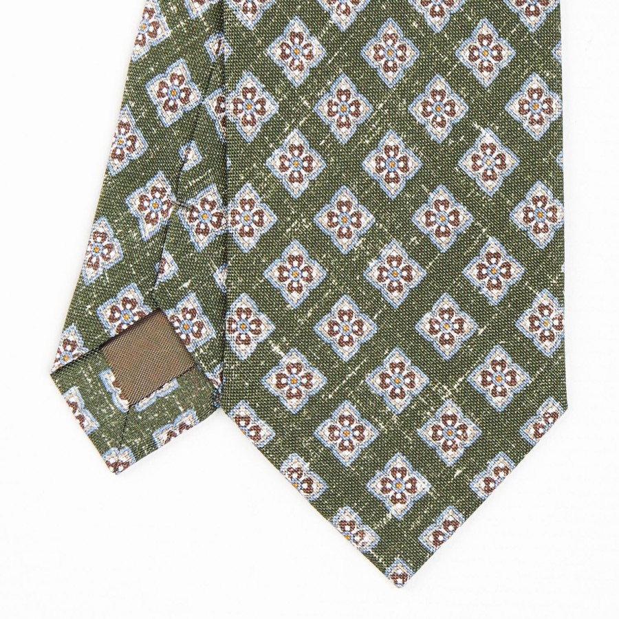 New E.Marinella Olive Green Sartorial Cotton And Silk Tie - Large Flower Pattern