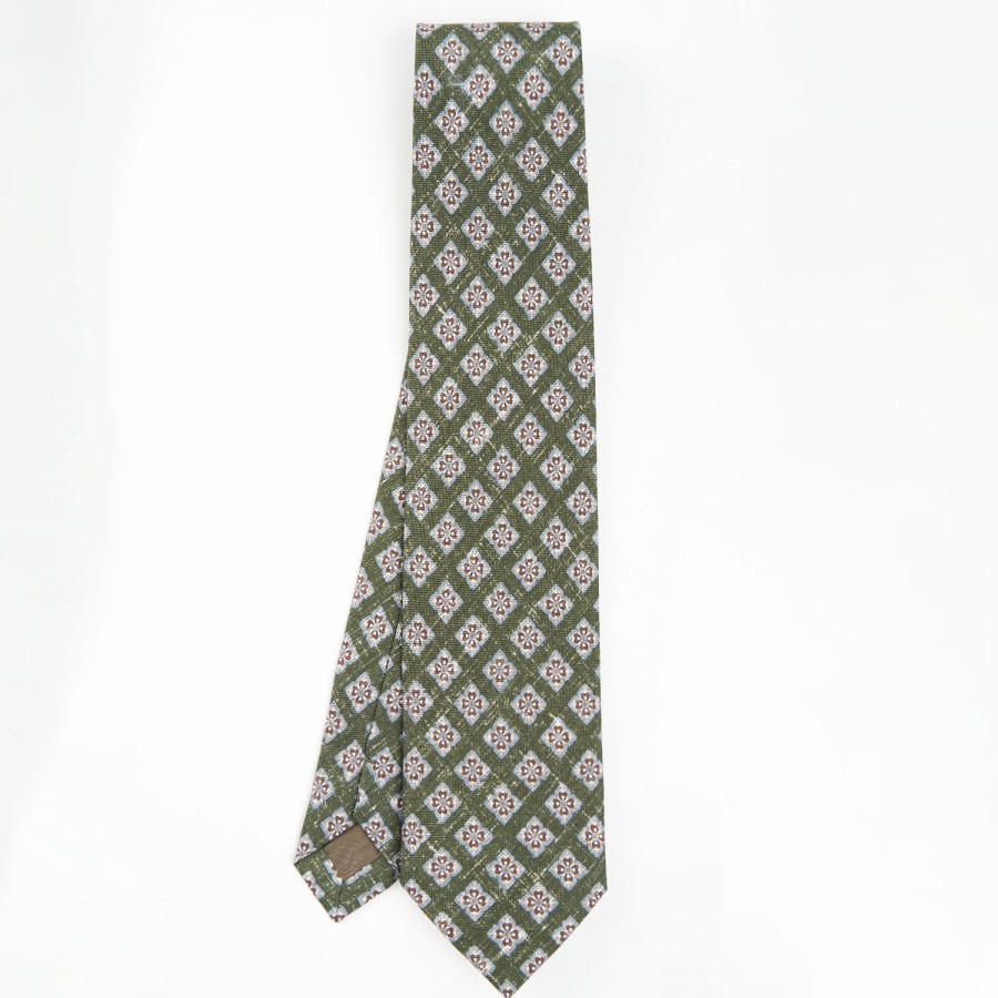 New E.Marinella Olive Green Sartorial Cotton And Silk Tie - Large Flower Pattern