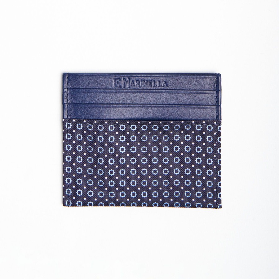 New E.Marinella Dark Blue Leather And Silk Credit Card Holder - 5 Compartments