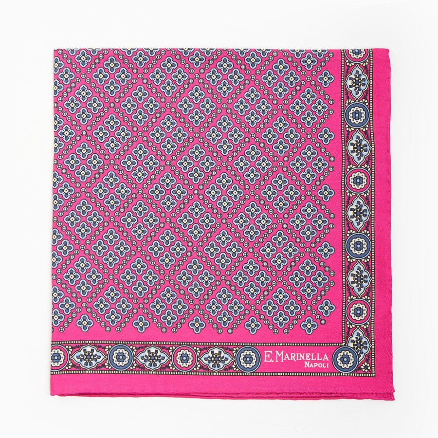 Best E.Marinella Fuchsia Hand-Printed Silk Pocket Square Large Flower Pattern