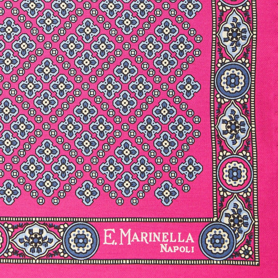 Best E.Marinella Fuchsia Hand-Printed Silk Pocket Square Large Flower Pattern