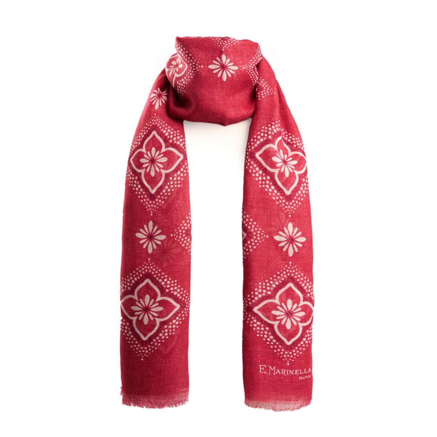 Hot E.Marinella Burgundy Cotton And Linen Scarf - White Macro Flowers