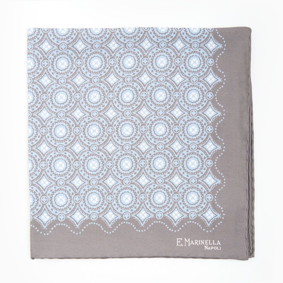 New E.Marinella Light Grey Hand-Printed Silk Pocket Square Large Flower Pattern