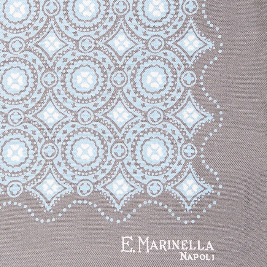 New E.Marinella Light Grey Hand-Printed Silk Pocket Square Large Flower Pattern