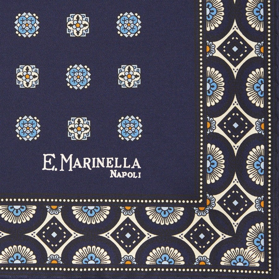 Hot E.Marinella Dark Blue Hand-Printed Silk Pocket Square Large Flower Pattern