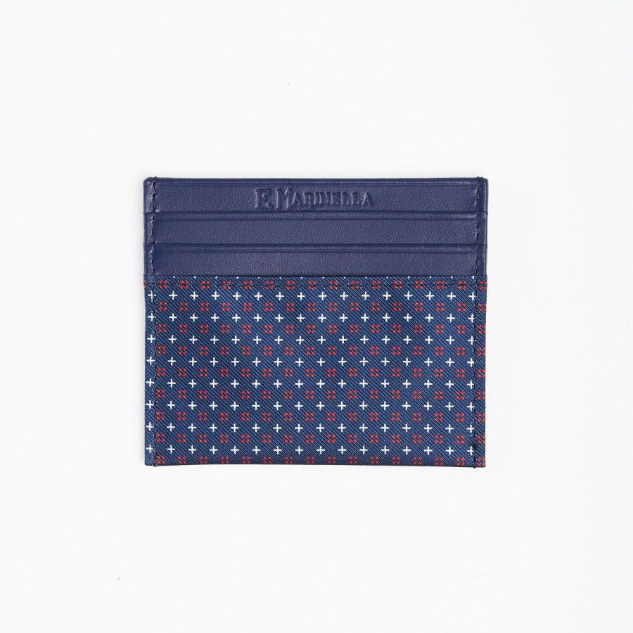 Clearance E.Marinella Dark Blue Silk And Leather Credit Card Holder - 5 Compartments